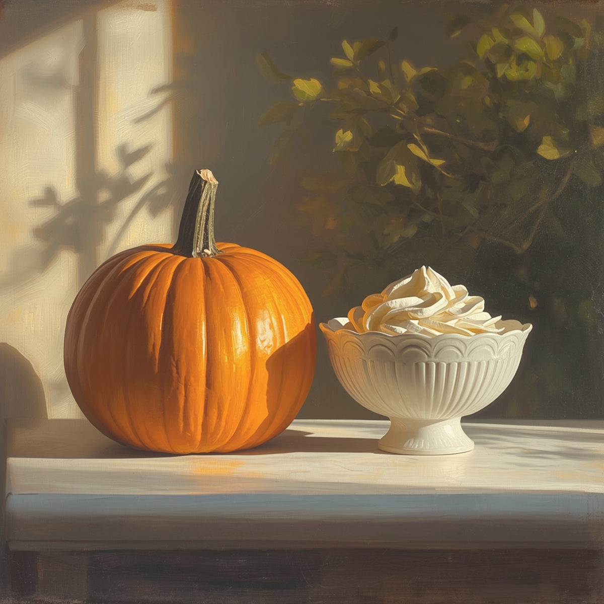 A still-life painting of a bright orange pumpkin and a white pedestal bowl filled with whipped cream, placed on a windowsill with warm sunlight, leaf shadows, and green foliage in the background.