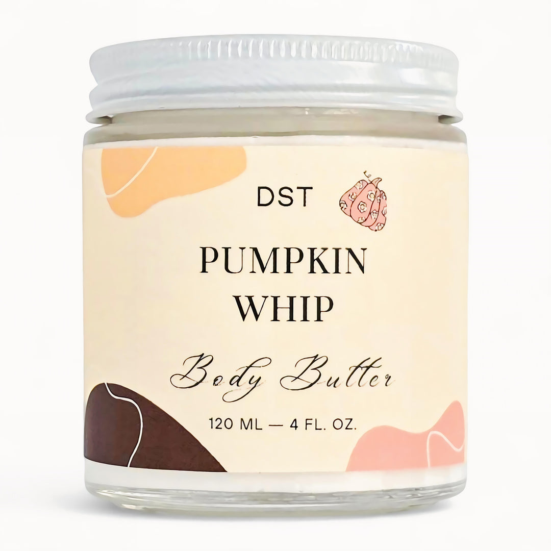 Jar of DST Pumpkin Whip Body Butter with a white lid on a white background