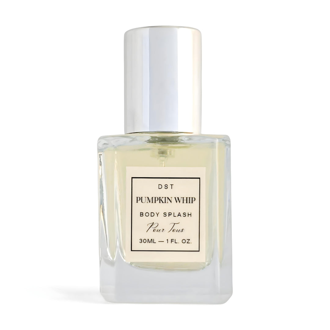 Bottle of 'Pumpkin Whip' body splash with a white cap on a white background