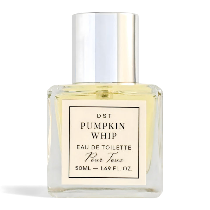 Perfume bottle labeled 'Pumpkin Whip' by DST on a white background