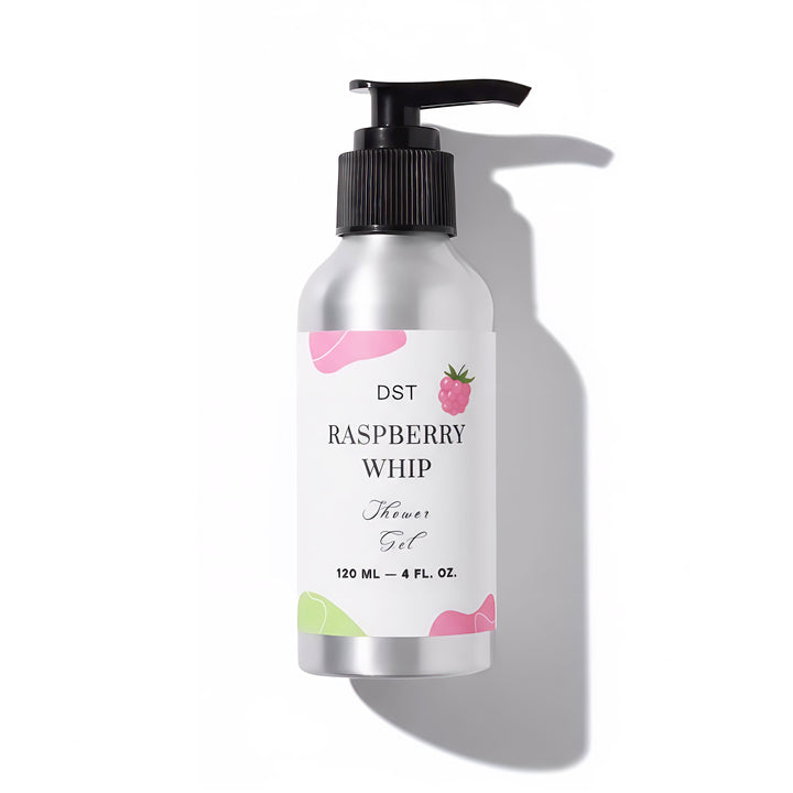 Shower gel bottle labeled 'Raspberry Whip' with a pink background and cupcake decoration.