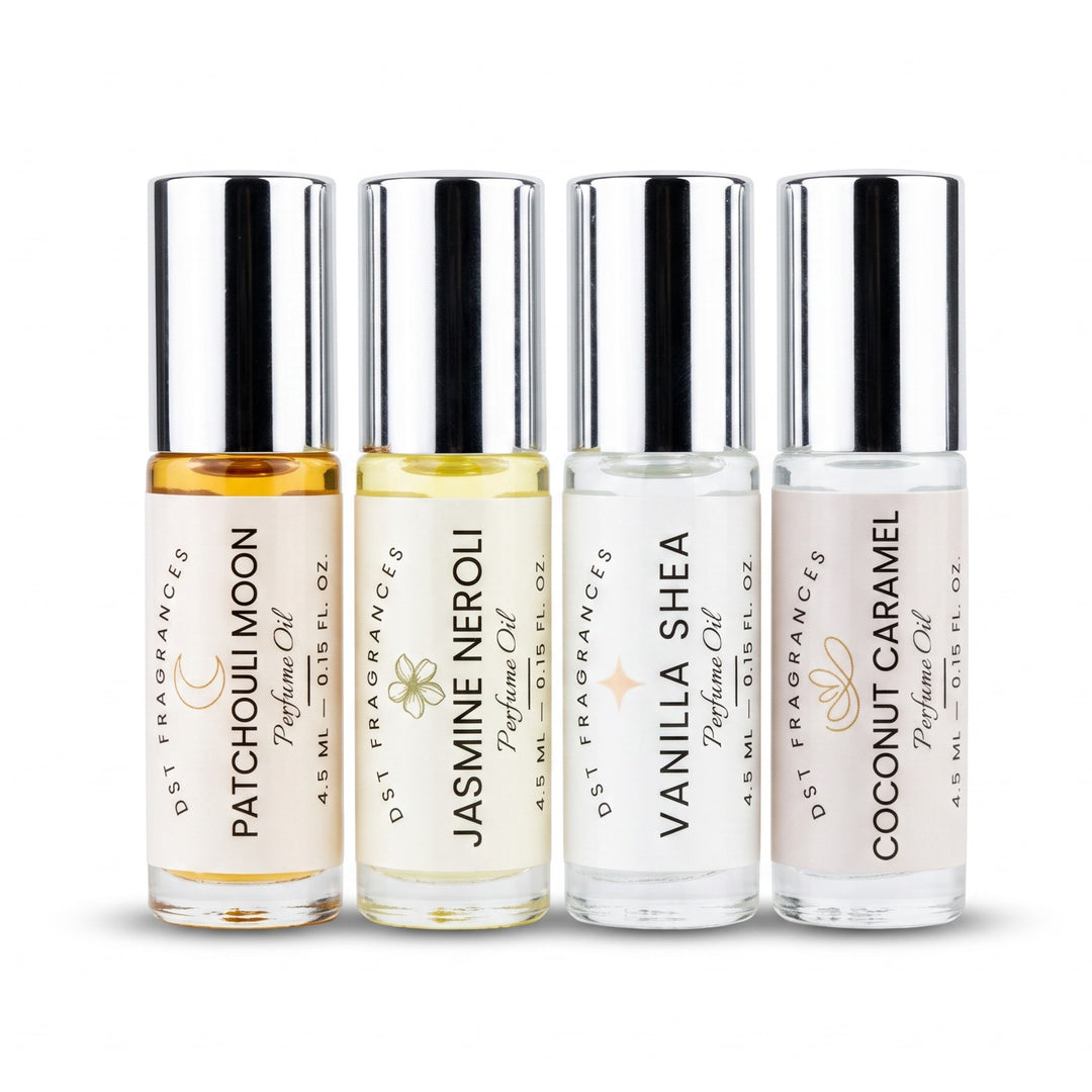 4 4.5ml perfume oil roll-on bottles by DST Fragrances. 