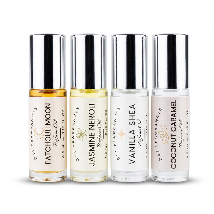 4 4.5ml perfume oil roll-on bottles by DST Fragrances. 