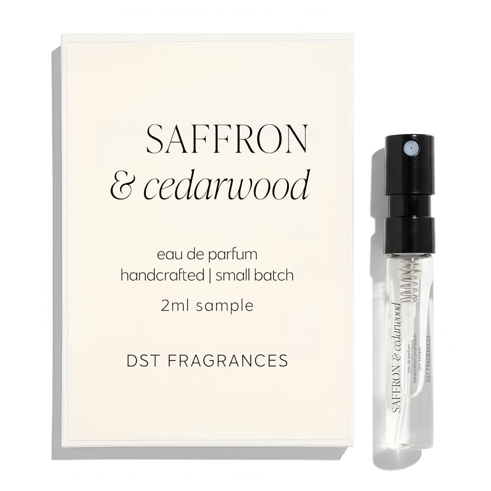 2ml sample vial of Saffron and cedarwood eau de parfum by dst fragrances against a white background.