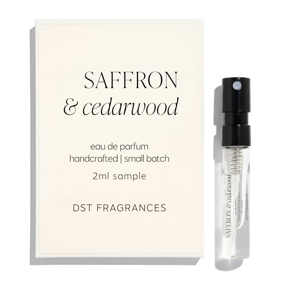 2ml sample vial of Saffron and cedarwood eau de parfum by dst fragrances against a white background.
