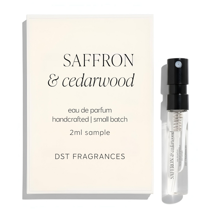 2ml sample vial of Saffron and cedarwood eau de parfum by dst fragrances against a white background.