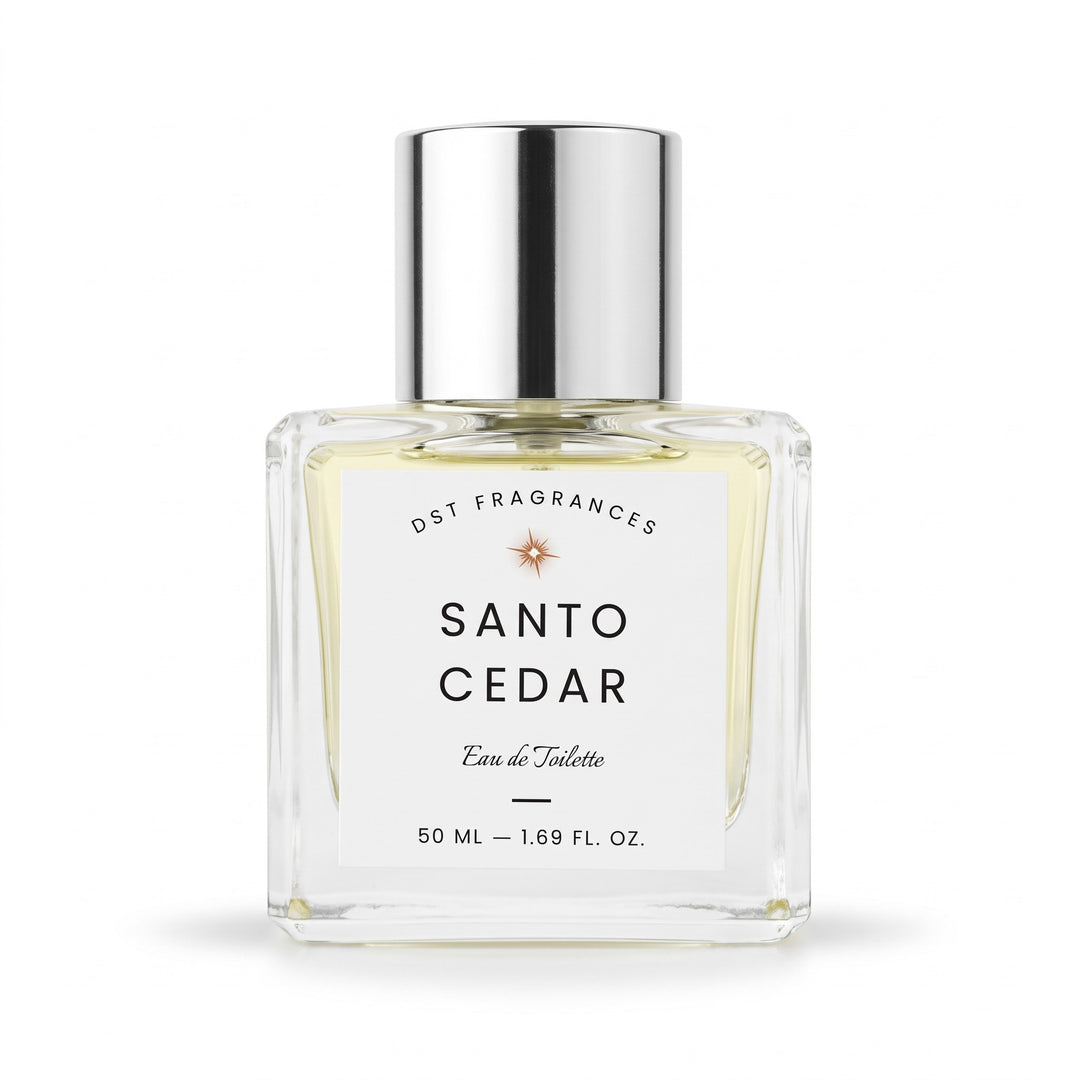 A 50 ml clear glass bottle of DST Fragrances Santo Cedar Eau de Toilette, featuring a white label and a reflective silver cap, set against a plain white background.