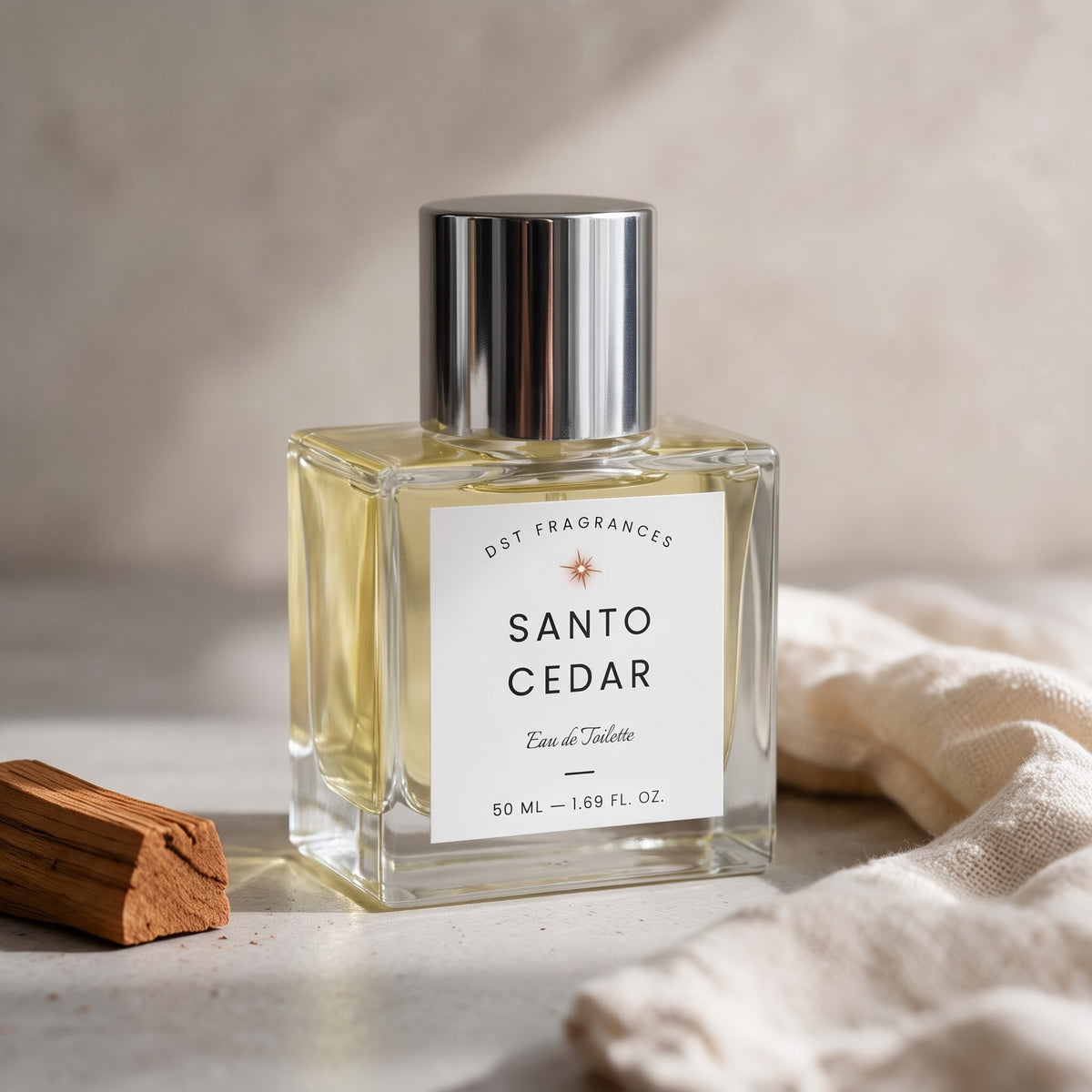 A 50 mL clear glass bottle of Santo Cedar Eau de Toilette by DST Fragrances, filled with pale yellow liquid and topped with a reflective silver cap. The bottle is set on a light stone surface next to a small cinnamon stick, with a soft beige fabric draped in the background.