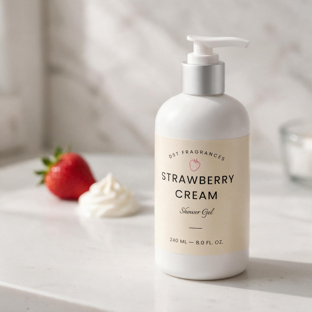 A bottle of DST Fragrances Strawberry Cream Shower Gel stands on a white marble surface with a strawberry and a dollop of cream blurred in the background.