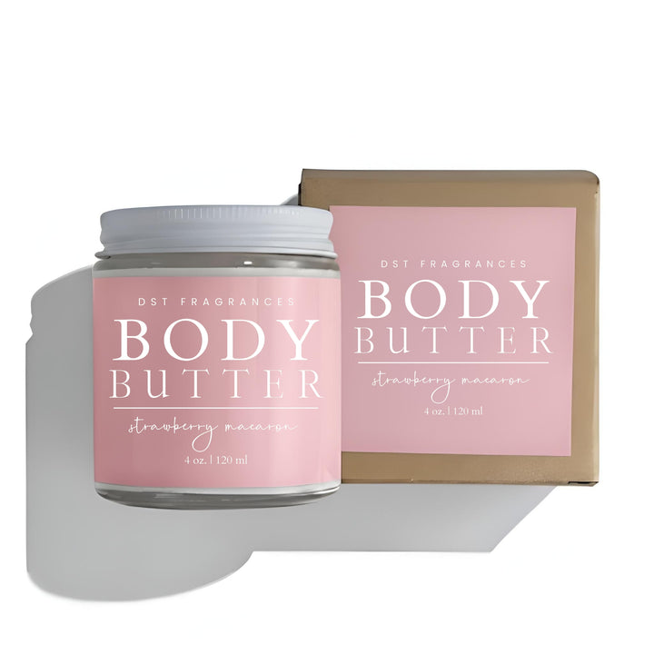 Body butter jar and packaging with 'DST Fragrances' branding on a white background