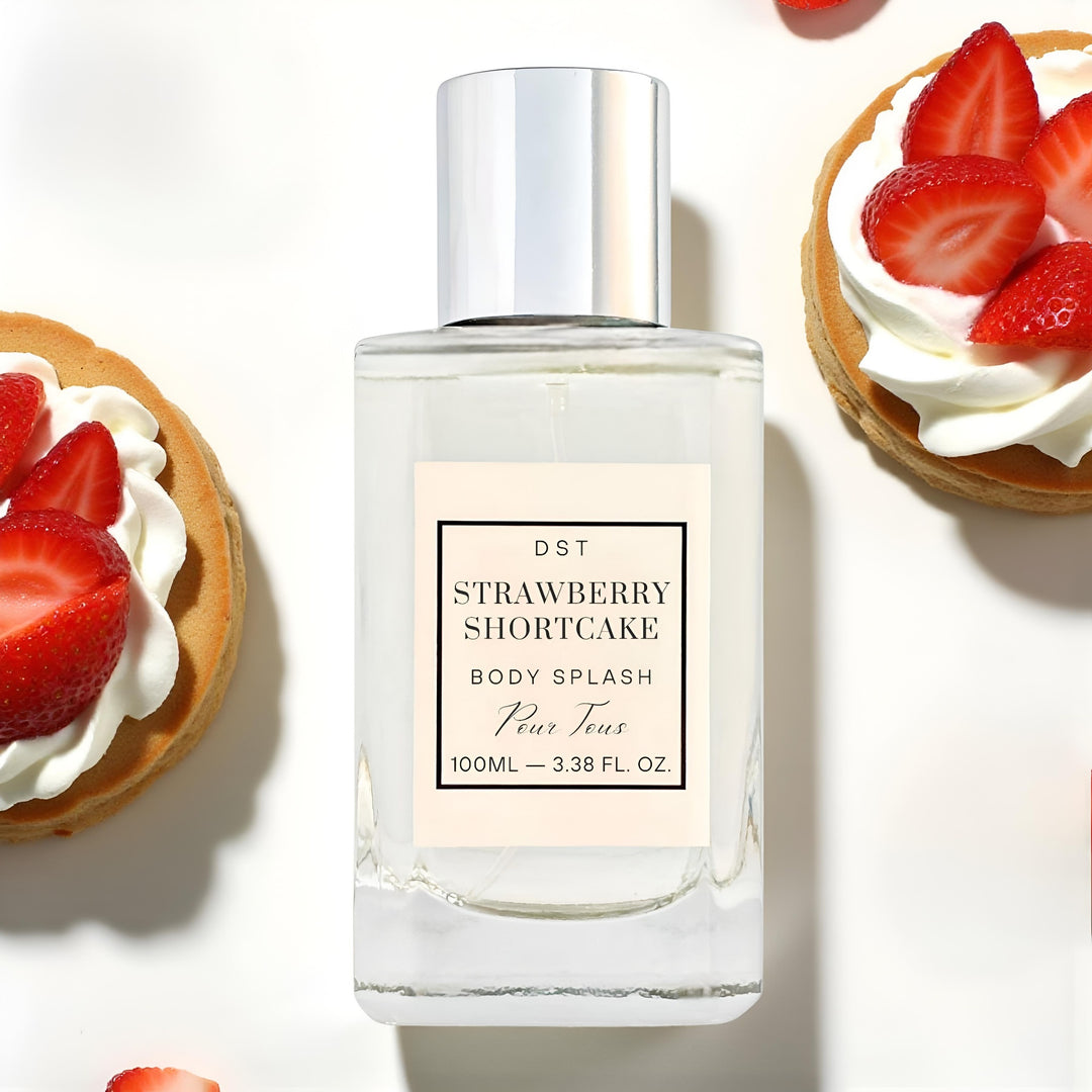 Perfume bottle labeled 'Strawberry Shortcake' with strawberry shortcake desserts in the background
