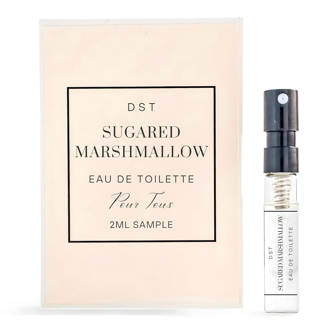 Perfume sample bottle and packaging of 'Sugared Marshmallow' by DST on a white background
