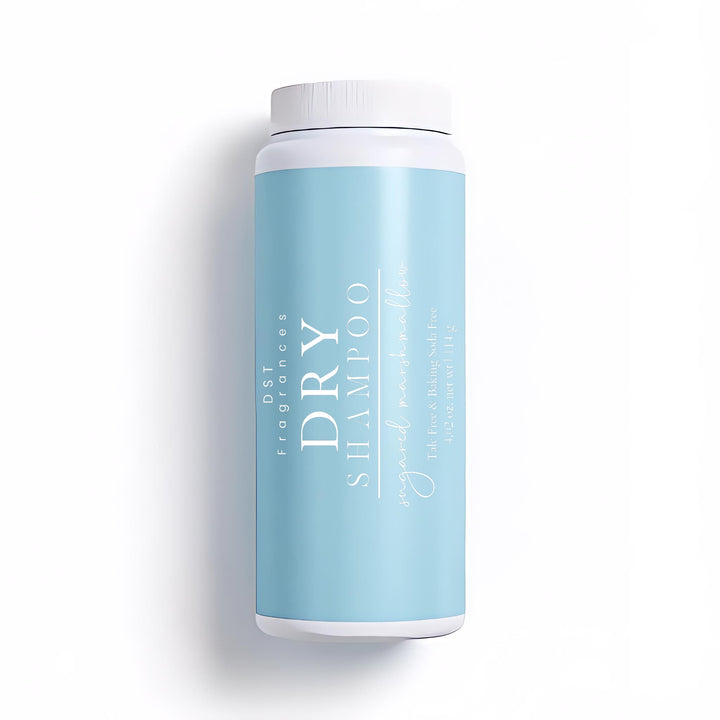 114g bottle of Sugared Marshmallow scented Dry Shampoo Powder by DST Fragrances against a white background.