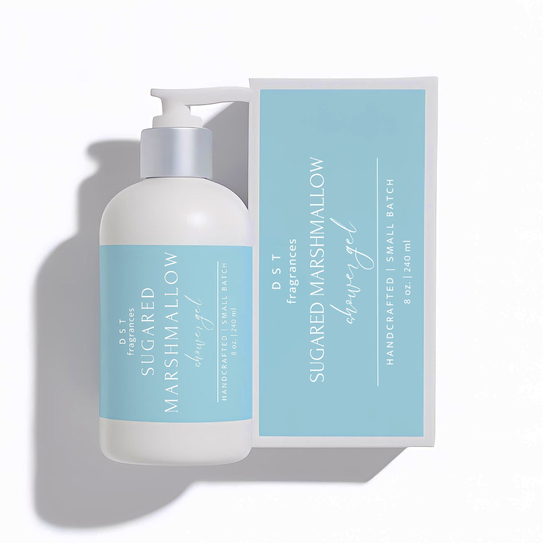 240ml bottle of Sugared Marshmallow Scented Shower Gel and its box against a white background.