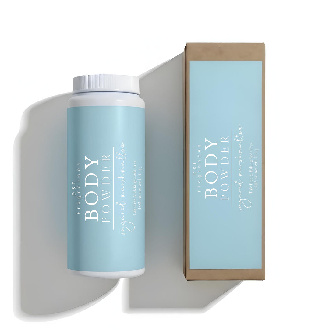 Body powder container with packaging on a white background