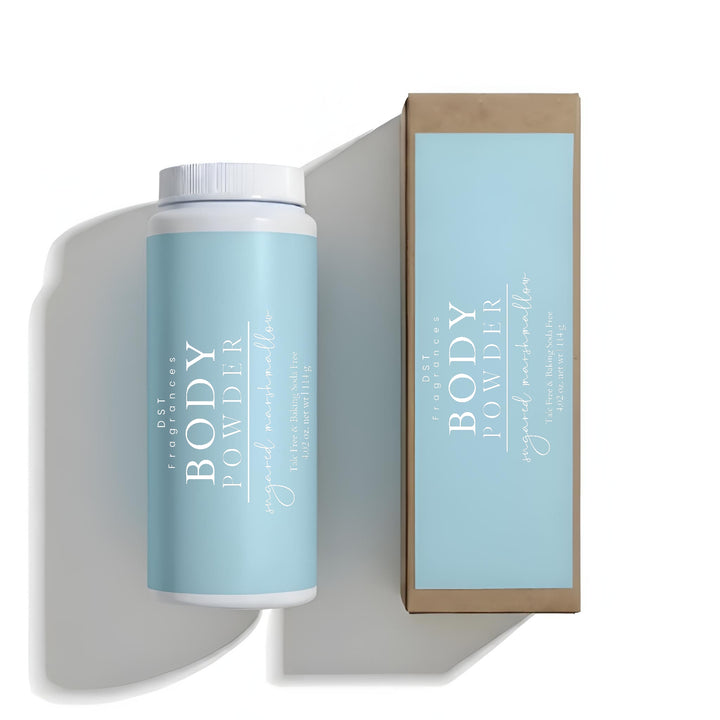 Body powder container with packaging on a white background