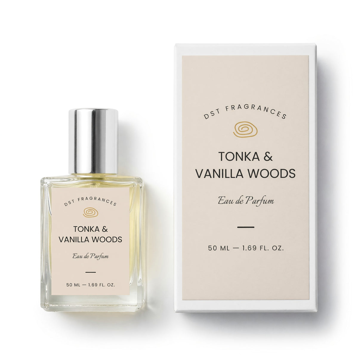 A 50 ml bottle of DST Fragrances Tonka & Vanilla Woods Eau de Parfum next to its white and beige packaging box, set against a clean white background.