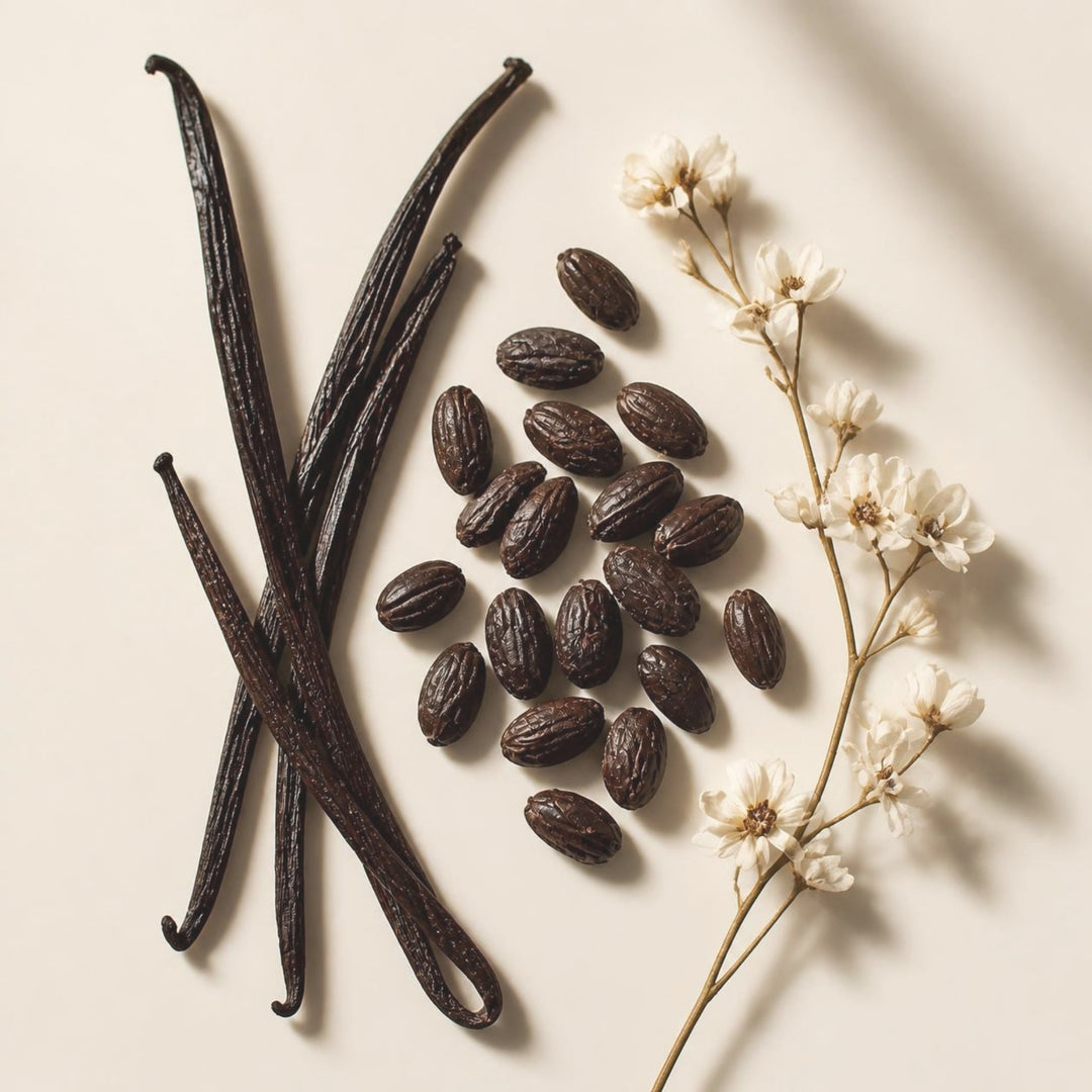 Vanilla beans and cocoa beans arranged on a warm cream background with dried white flowers. 
