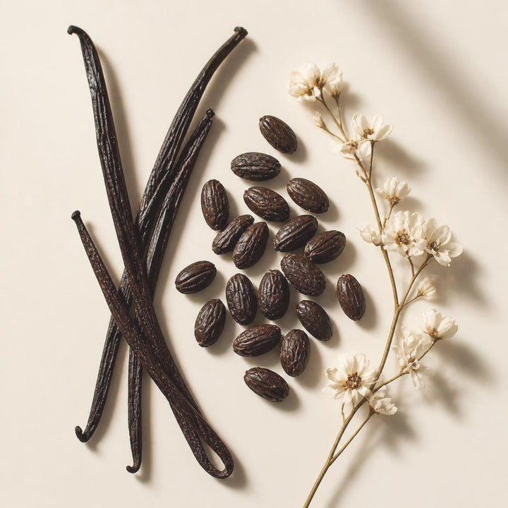 Vanilla beans and cocoa beans arranged on a warm cream background with dried white flowers. 