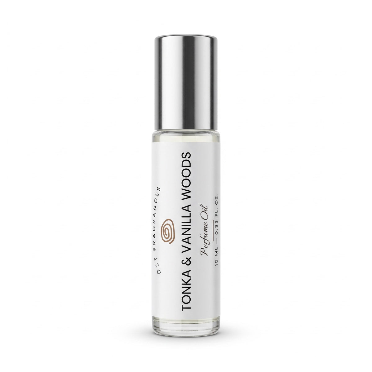 10ml roll on bottle of Tonka and Vanilla Woods Perfume Oil by DST Fragrances against a white background.