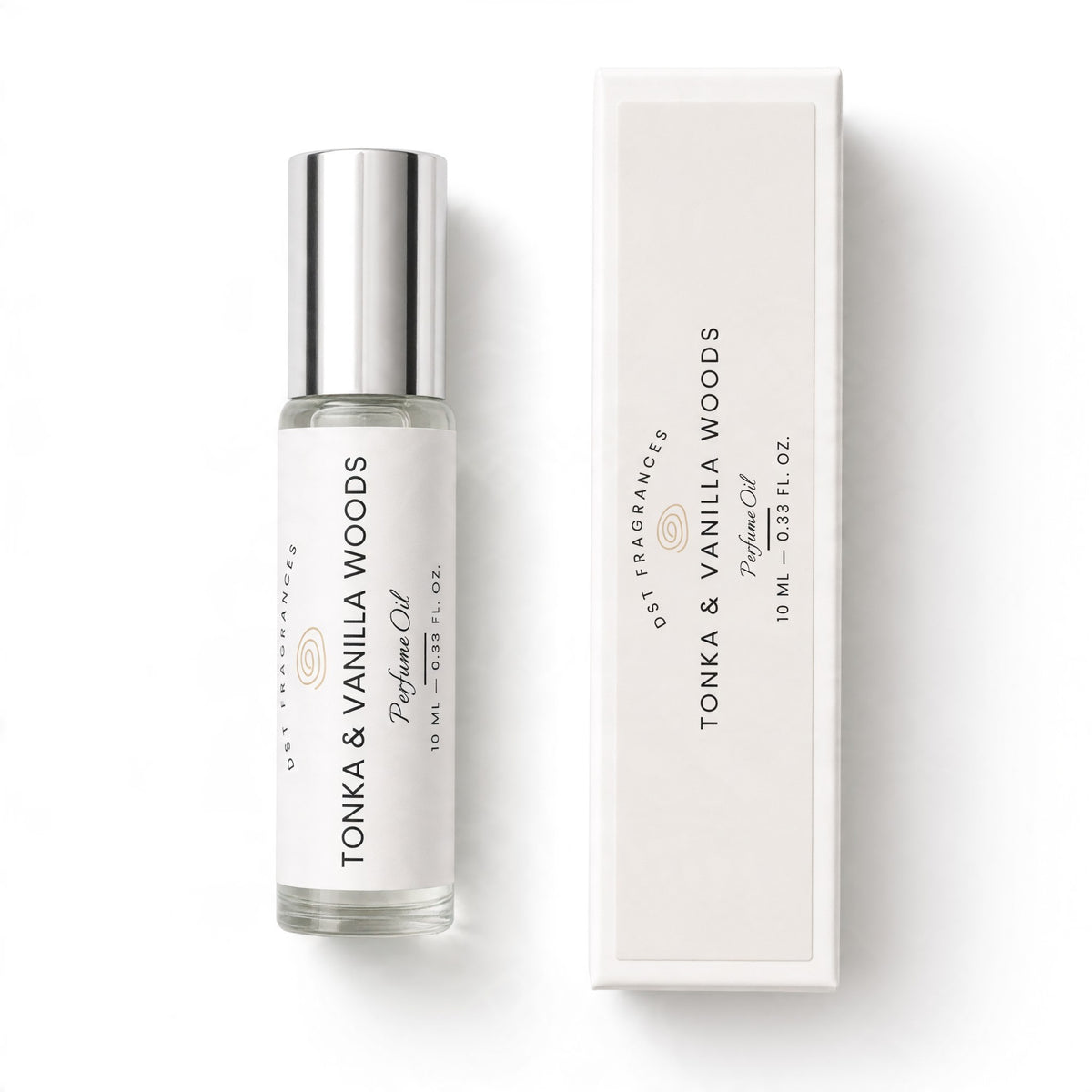10ml bottle of Tonka Vanilla Woods perfume oil next to its packaging by DST Fragrances against a white background.