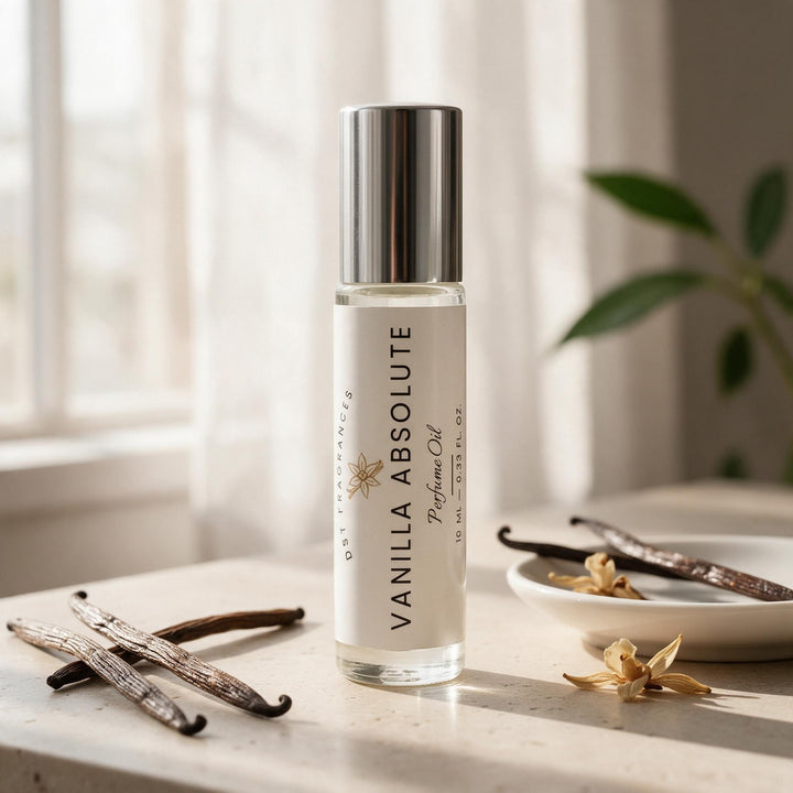 A clear cylindrical perfume oil bottle labeled &
