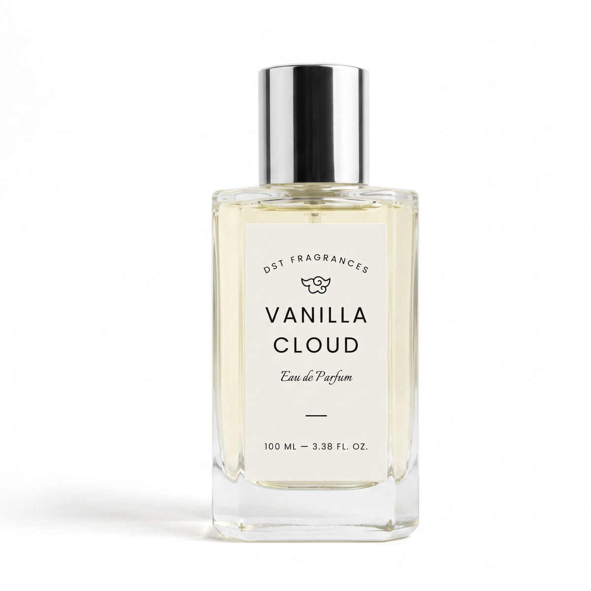 A 100 ml bottle of DST Fragrances Vanilla Cloud Eau de Parfum, featuring a clear glass bottle with a silver cap and a cream-colored label, set against a plain white background.