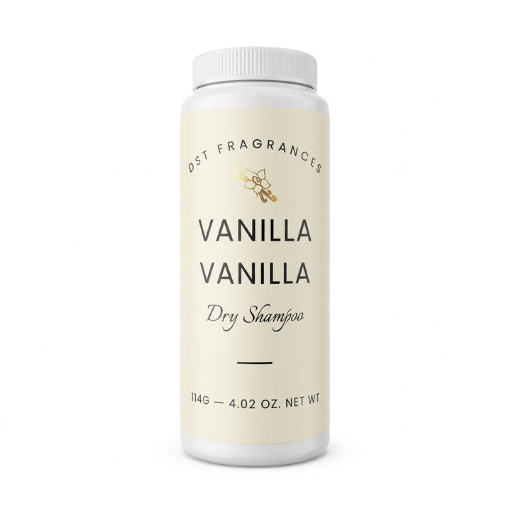 114g bottle of Vanilla Vanilla scented Dry Shampoo powder by DST fragrances.