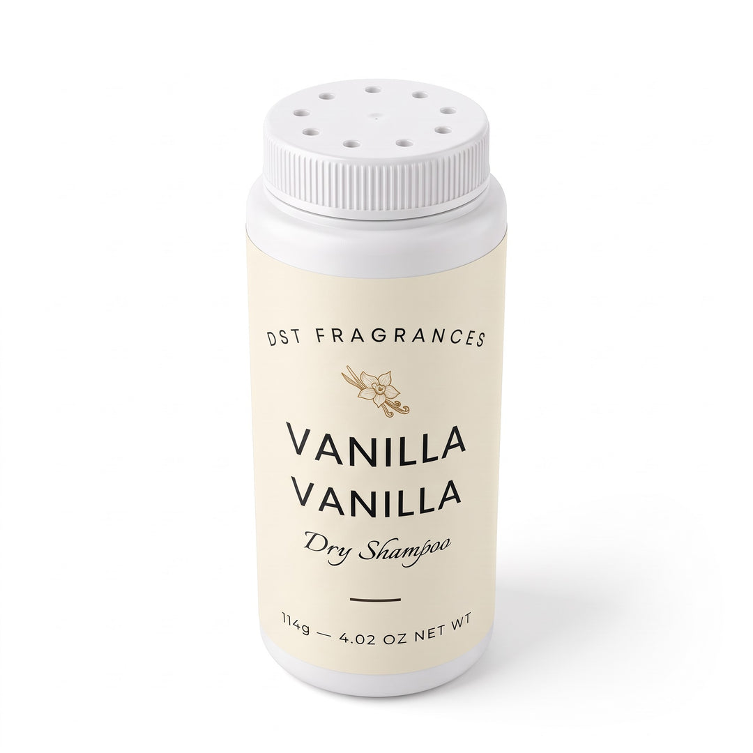 114g bottle of Vanilla Vanilla scented Dry Shampoo powder by DST fragrances showing the dispenser holes in the top of the cap.