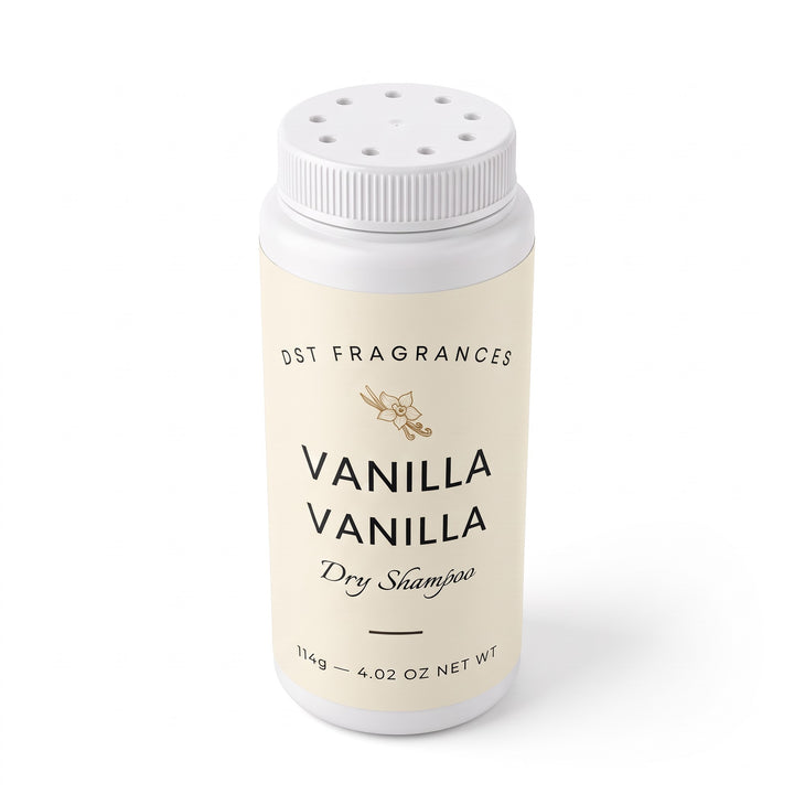 114g bottle of Vanilla Vanilla scented Dry Shampoo powder by DST fragrances showing the dispenser holes in the top of the cap.