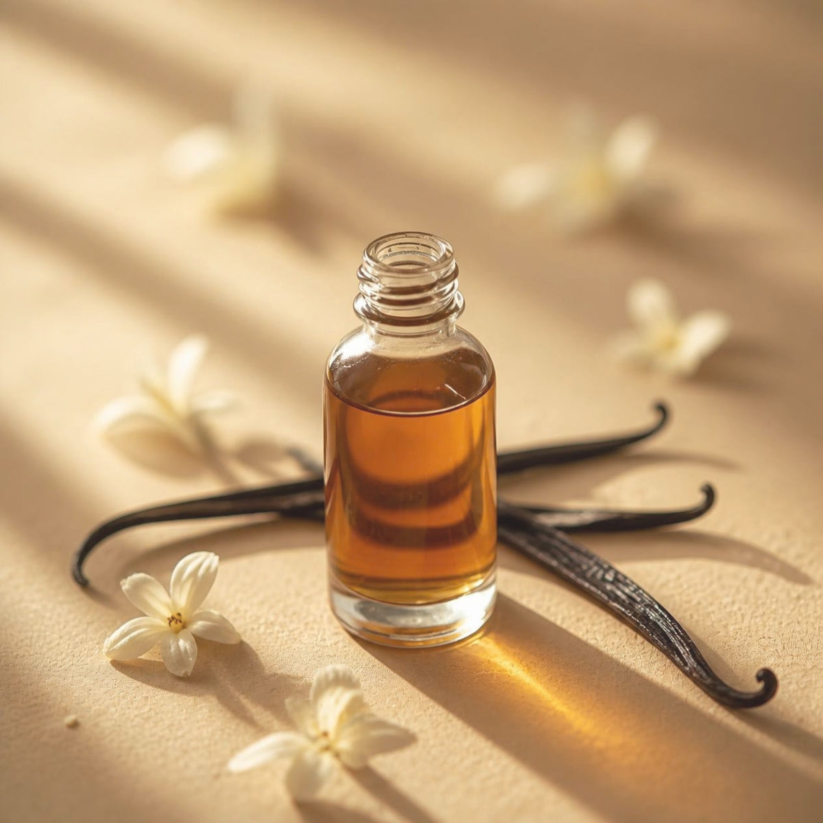 A small clear glass bottle filled with amber liquid stands on a warm beige surface, surrounded by vanilla beans and white flowers under soft diagonal sunlight.