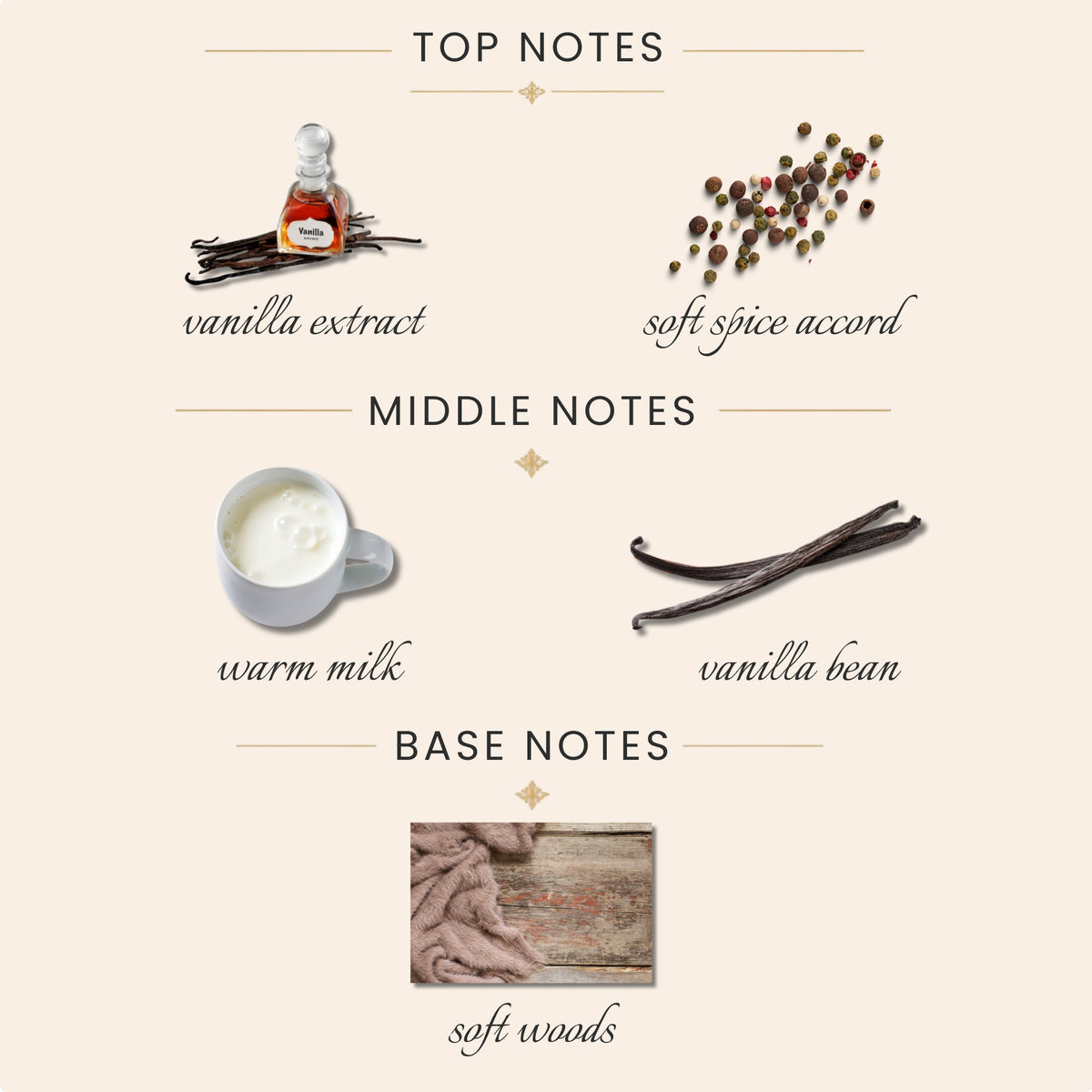 Top Notes:
vanilla extract
soft spice accord
Middle Notes:
warm milk
vanilla bean
Base Notes:
soft woods