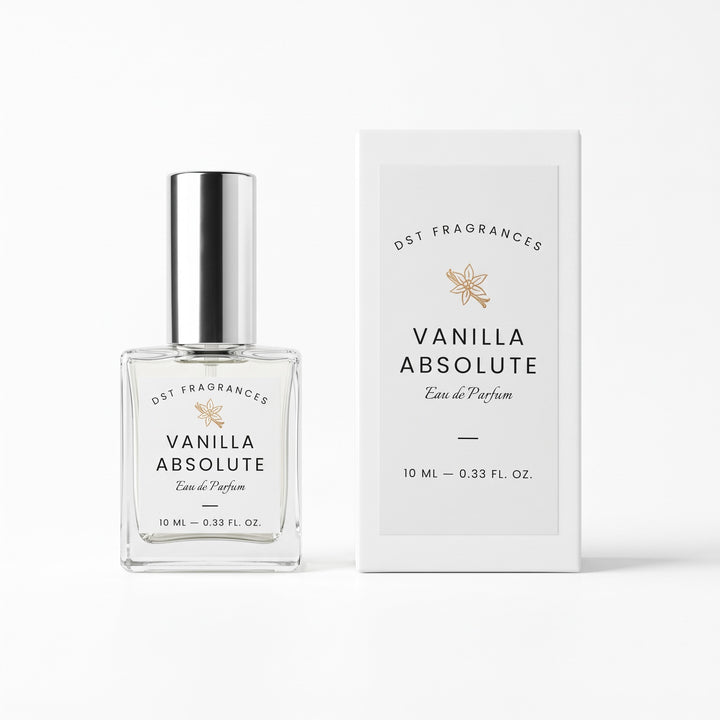 A 10 ml bottle of DST Fragrances Vanilla Absolute Eau de Parfum with a silver cap, standing next to its white packaging box on a clean white background.