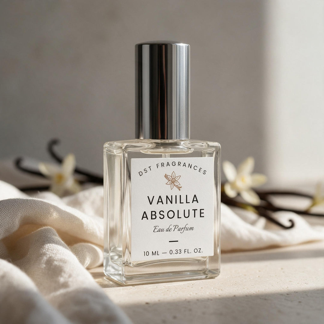A 10 ml bottle of DST Fragrances Vanilla Absolute Eau de Parfum, featuring a clear glass bottle, white label, and a shiny silver cap, styled on a textured beige surface with soft cream fabric and vanilla beans in the background.