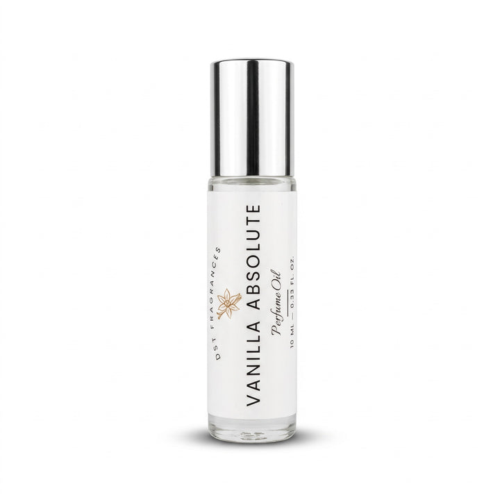 A 10 ml roll-on perfume oil bottle with a silver metallic cap and a white label reading &