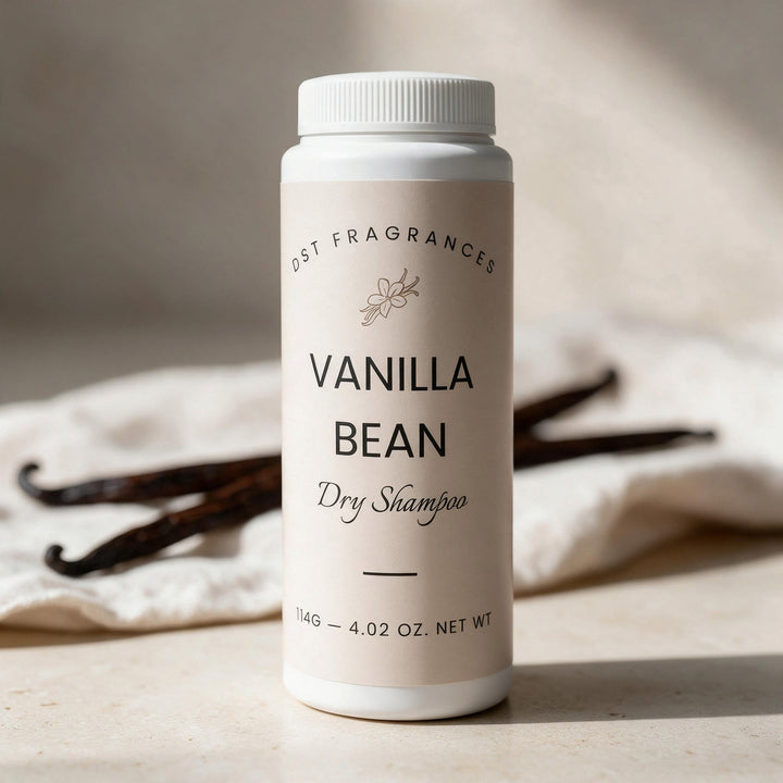 A white plastic bottle of DST Fragrances Vanilla Bean Dry Shampoo, set on a light stone surface with vanilla bean pods in the background under soft, warm window light.