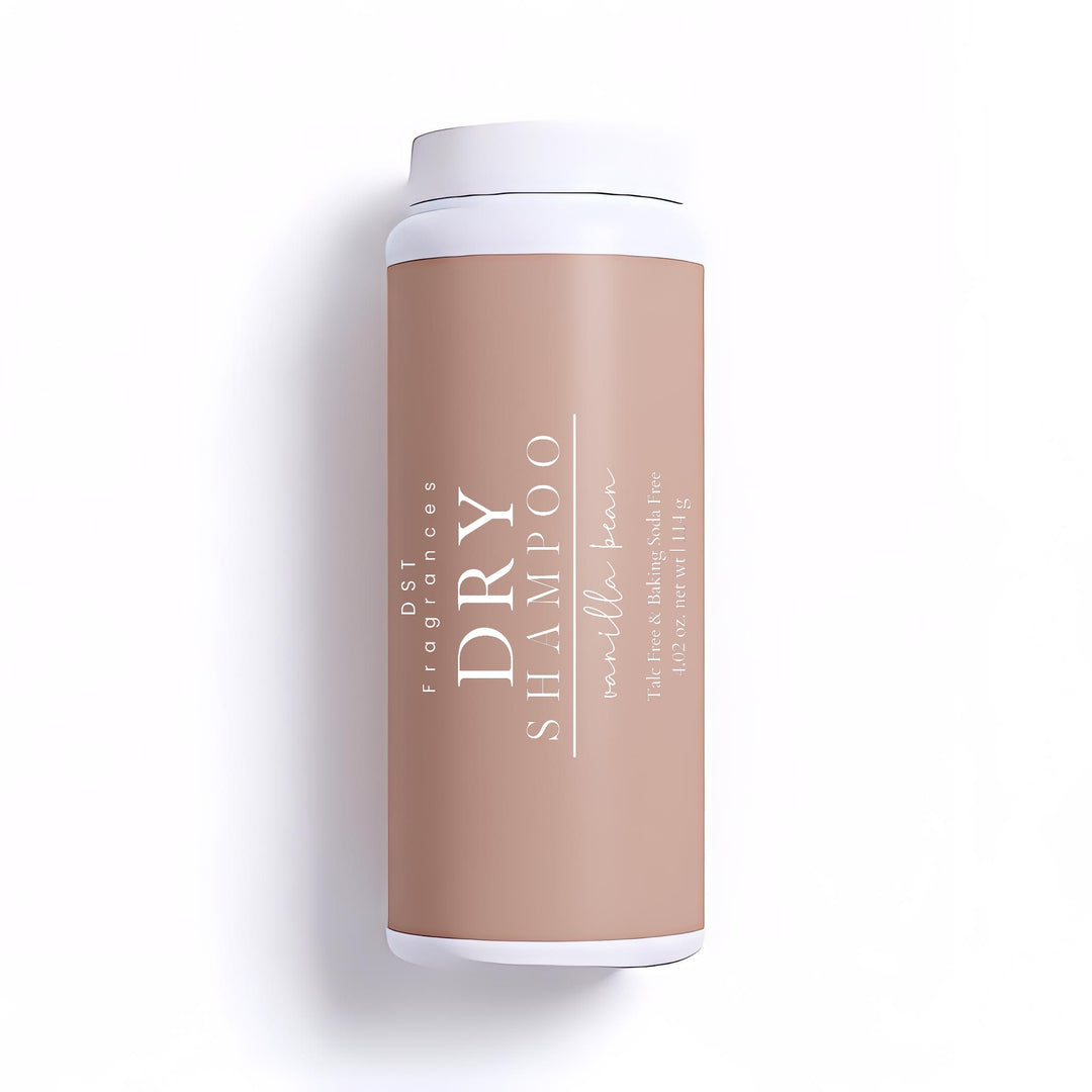 114g bottle of Vanilla Bean Dry Shampoo Powder by DST Fragrances against a white background.