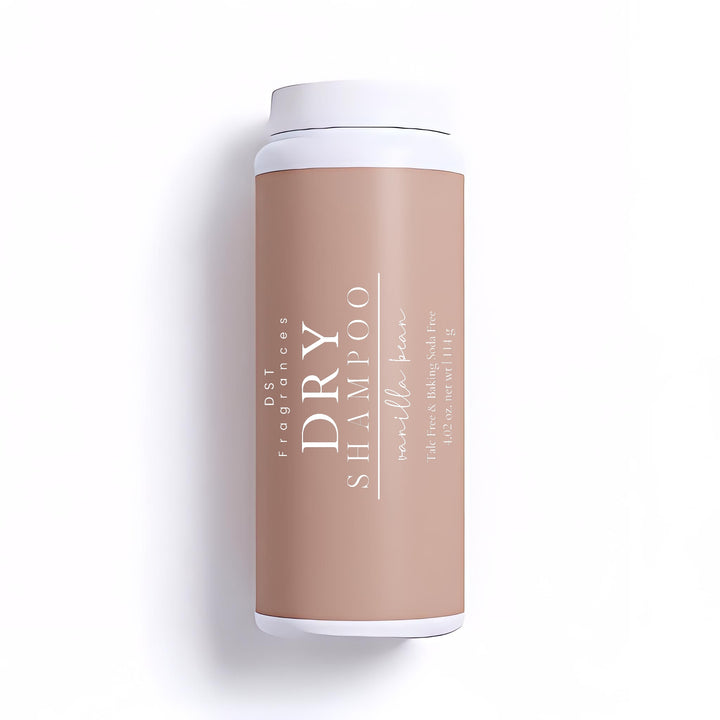 114g bottle of Vanilla Bean Dry Shampoo Powder by DST Fragrances against a white background.
