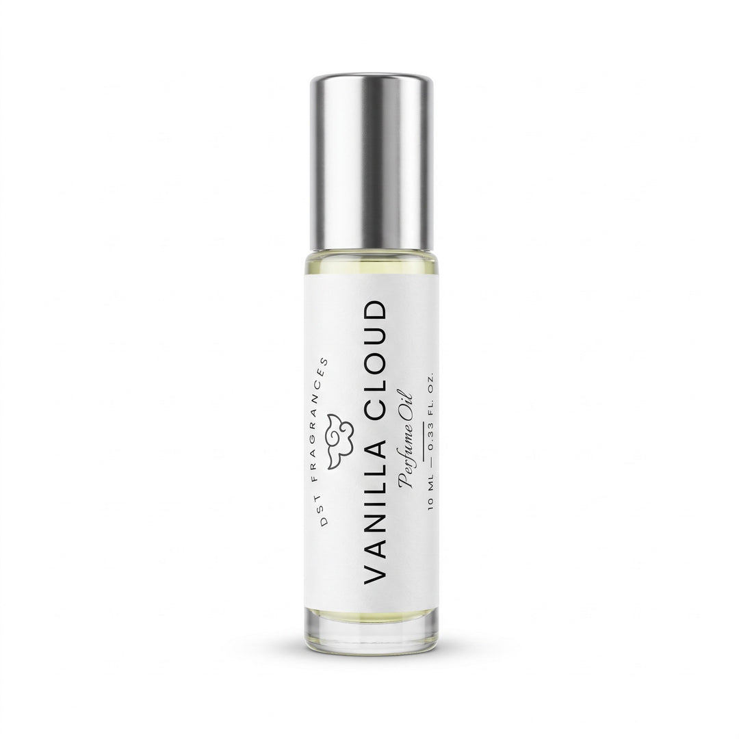 10ml bottle of Vanilla Cloud Perfume Oil by DST Fragrances against a white background. 