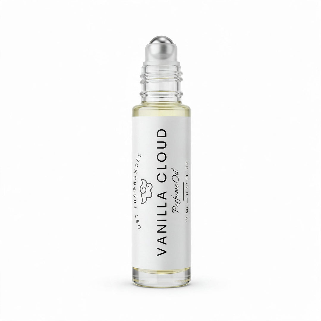 10ml bottle of Vanilla Cloud Perfume Oil by DST Fragrances against a white background. The cap is removed to show the rollerball dispenser.