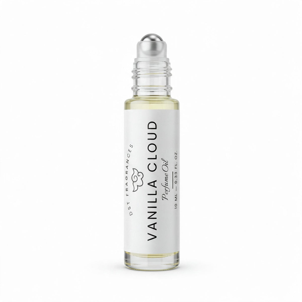 10ml bottle of Vanilla Cloud Perfume Oil by DST Fragrances against a white background. The cap is removed to show the rollerball dispenser.