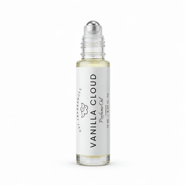 10ml bottle of Vanilla Cloud Perfume Oil by DST Fragrances against a white background. The cap is removed to show the rollerball dispenser.