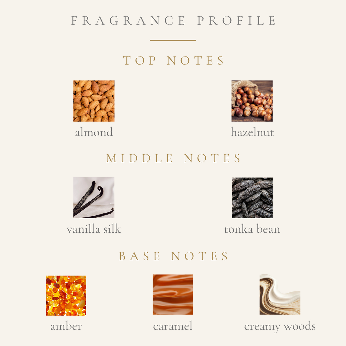 Top Notes:
almond
hazelnut
Middle Notes:
silky vanilla
tonka bean
Base Notes:
caramel
amber
creamy woods