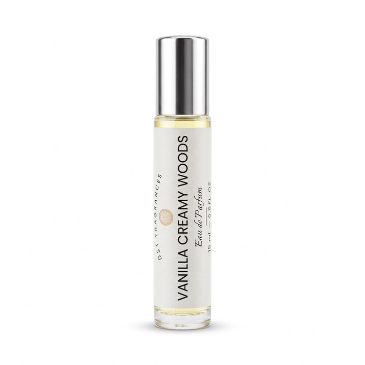 15ml bottle of Vanilla Creamy Woods EDP Spray by DST Fragrances against a white background.