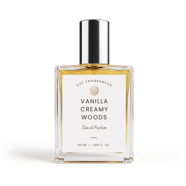 A 50 ml clear glass perfume bottle with a reflective silver cap, filled with golden-amber liquid. The bottle features a white label with black text reading &