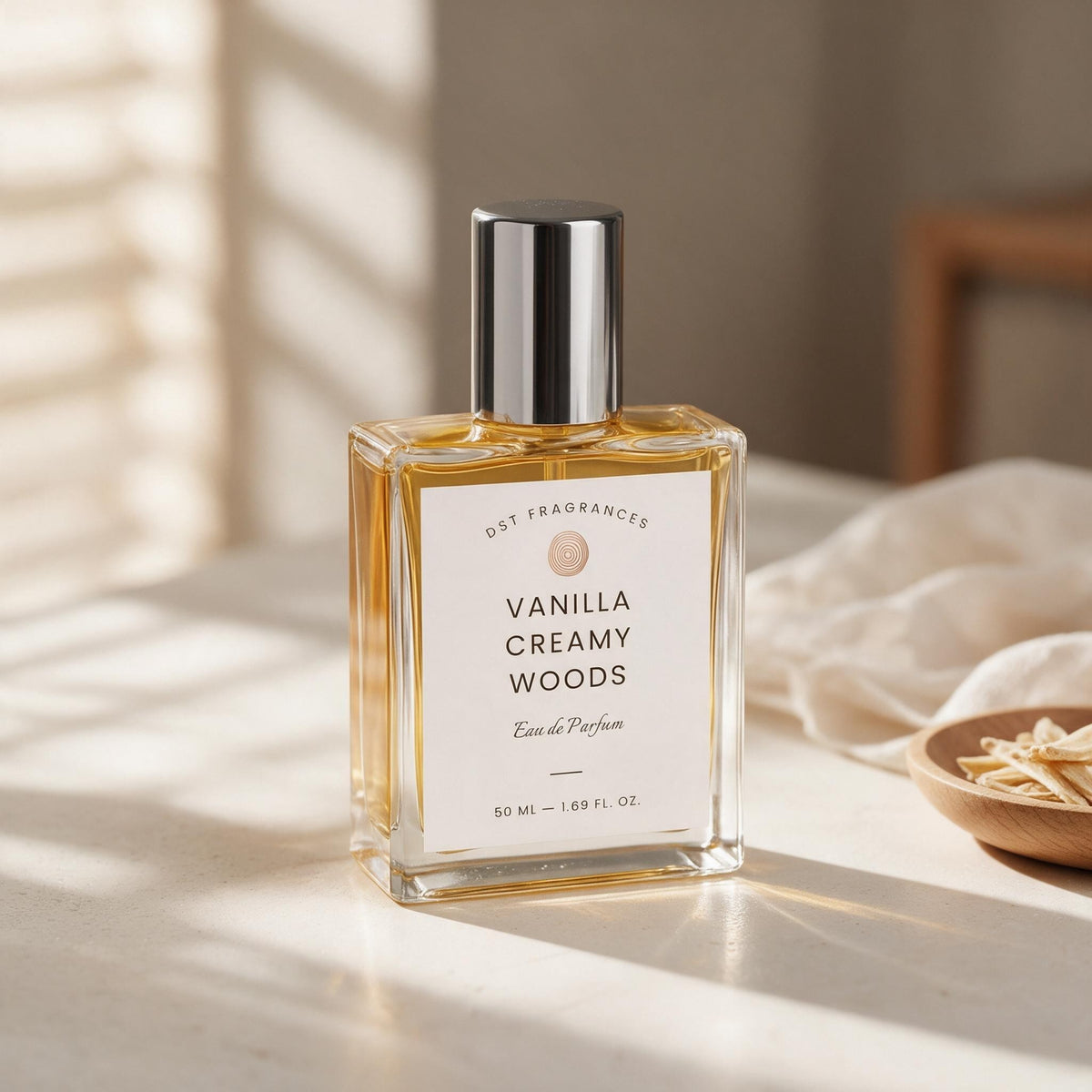 A hand with a gold ring reaches for a bottle of Vanilla Creamy Woods Eau de Parfum on a rustic wooden table, with vanilla beans and a sofa in the background.