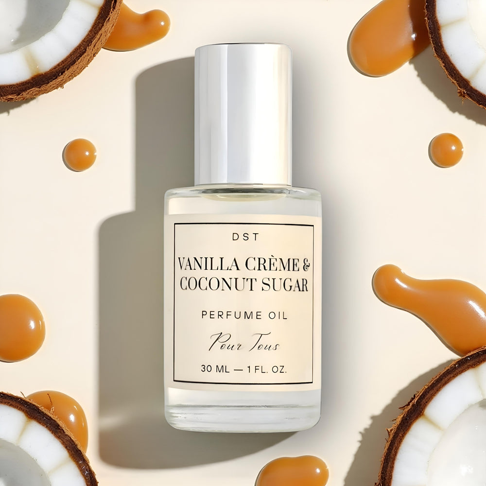 Vanilla Crème Coconut Sugar Perfume Oil surrounded by coconut,  caramel, and monk f