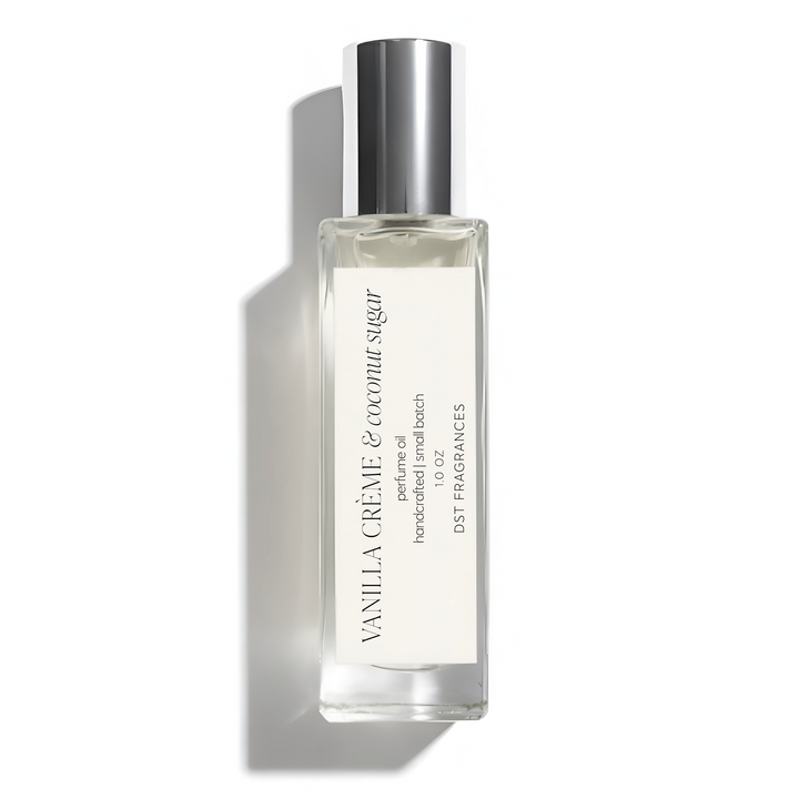30ml bottle of Vanilla Crème & Coconut Sugar perfume oil by DST Fragrances on a white background.