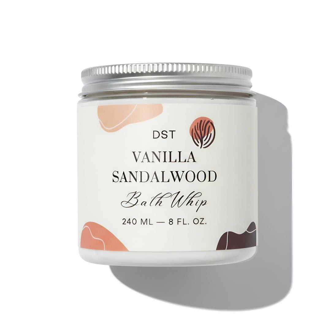 Vanilla Sandalwood bath whip container with a white background