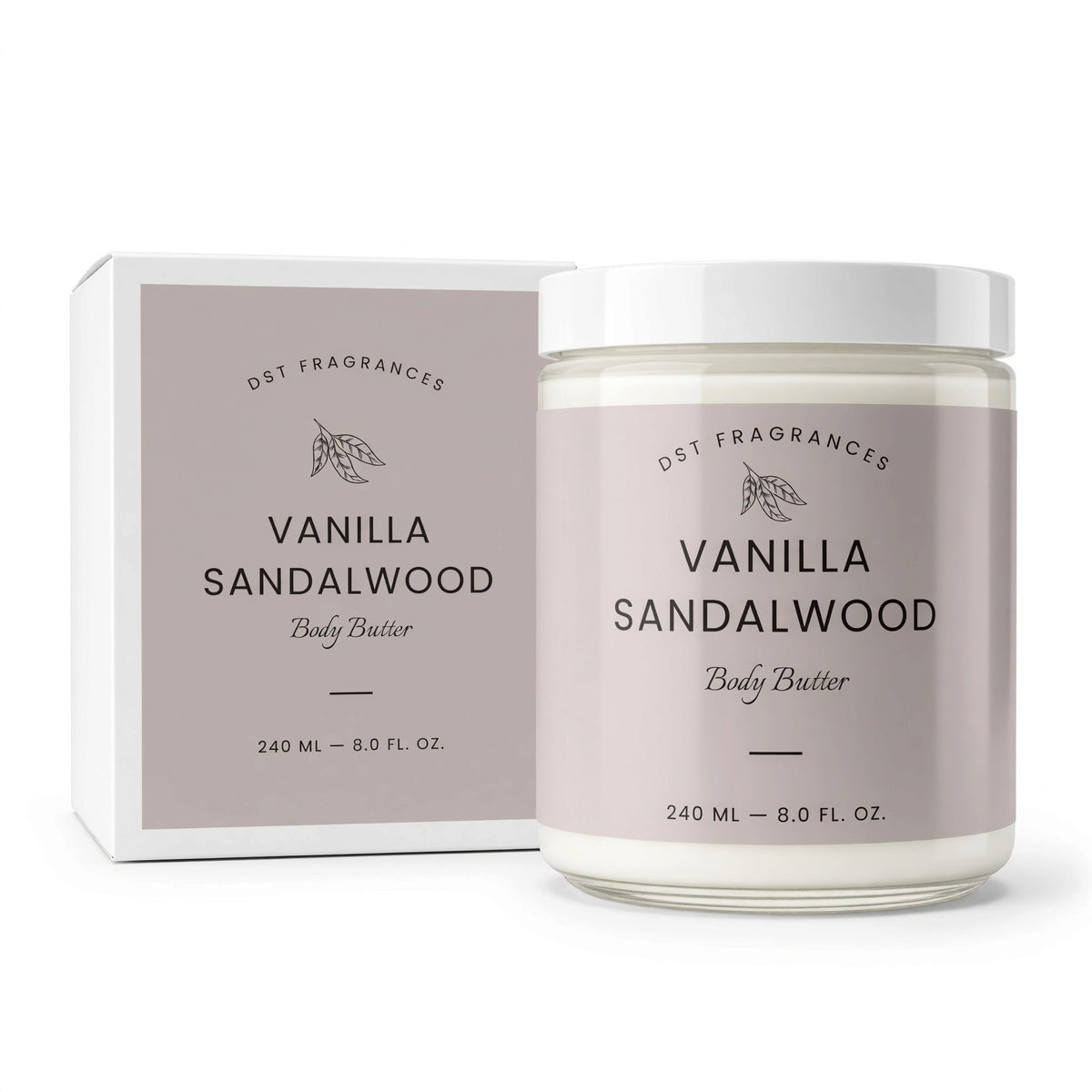 A jar of DST Fragrances Vanilla Sandalwood Body Butter next to its matching square box packaging, both featuring a minimalist beige label with black text on a clean white background.